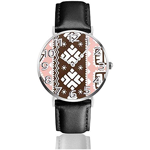 Reloj de Pulsera Fijian Tapa Pattern Classic Casual Quartz Black Leather Strap Watch