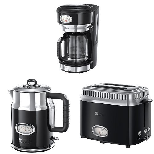 Russell Hobbs Gama Retro - Hervidor de 2400 W, tostador con 2 ranuras y cafetera con jarra de cristal, color negro