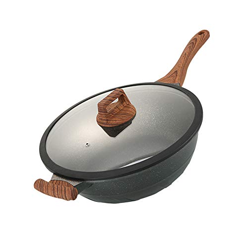 Sartén Wok Antiadherente 32cm, Stockpot 3 Capas Con Tapa Transparente, Fondo Compuesto Multifuncion Olla Sin Humo Estufa E Inducción Universal Cocina (Madera)