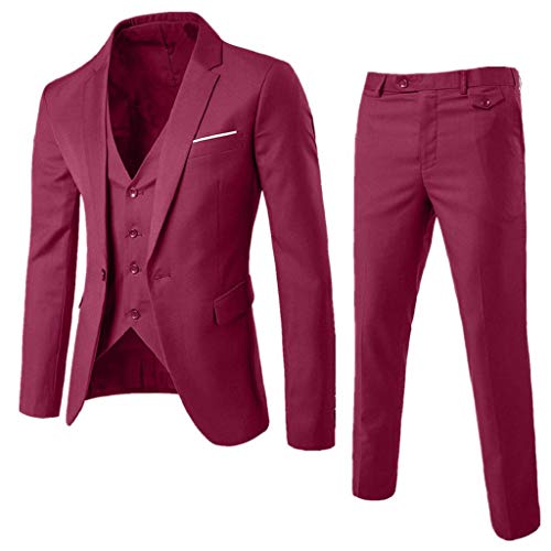 SHOBDW Hombre Traje Talla Grande de Manga Larga Abrigos de Invierno de Solapa Delgado Traje de Fiesta de Bodas de Negocios Chaqueta Blazer Chaleco Pantalones 3PCS(Vino Rojo,3XL)