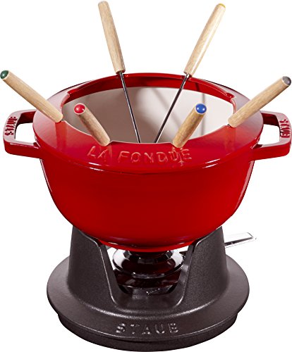 STAUB Juego de fondue con 6 tenedores, para fondue de queso, chocolate y carne, Hierro fundido, Rojo cereza, 20 cm