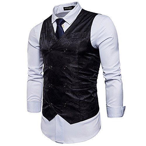 STTLZMC Hombre Paisley Chaleco Sin Mangas Retro Trajes Banquete Ceremonia,Negro,M