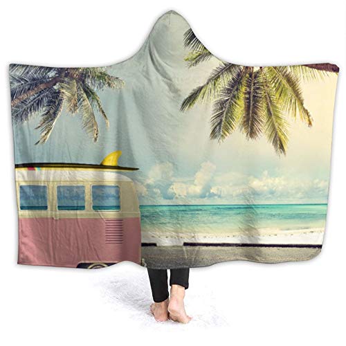 SUGARHE Manta con Capucha，Minivan de Surf en la Playa Tema de vocación de inspiración Retro Nubes en Cielo de Verano Destino de Luna de Miel，Suave Siesta ponible Mantas de Viaje/Vacaciones 80x60