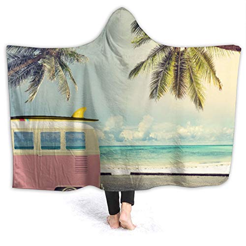 SUGARHE Manta con Capucha，Surf,Minivan en la Playa Nubes de Vacaciones de inspiración Retro en el Cielo de Verano Destino de Luna de Miel，Suave Siesta ponible Mantas de Viaje/Vacaciones/Casual 80x60