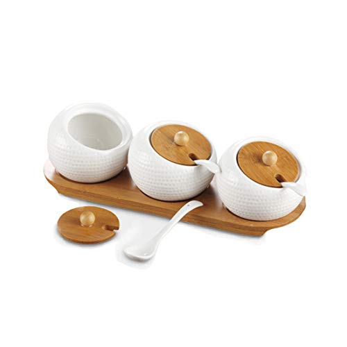 Tarro de cerámica para especias con cuchara y tapa de bambú, salero, pimienta, especias, azucarero para cocina casera (A)