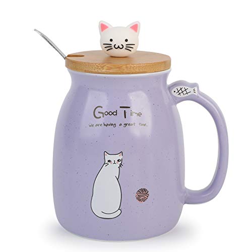 Taza de Desayuno para Regalar a Amigos Taza de Café Gato 450ml Taza de Té Conejo con Tapa Cuchara (Púrpura)