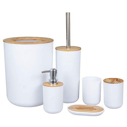 Tongdejing - Juego de accesorios de baño de madera de bambú, 6 cs, set de regalo para inodoro, dispensador de jabón, cubo de residuos, soporte para cepillo de dientes, juego de tazas de jabón