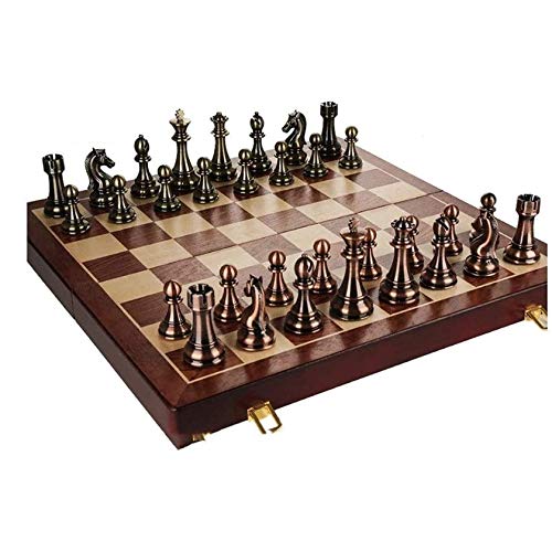 UNU_YAN Conjunto de ajedrez de Madera Maciza de Simplicidad Moderna, Piezas de Bronce de Metal de Estilo Retro, Tablero de ajedrez Plegable para Adultos y Regalos Infantiles, 52 * 52 cm