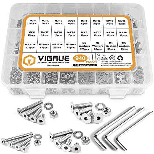 VIGRUE - 940 piezas M2 M3 M4 M5 304 acero inoxidable cabeza plana con tuercas y arandelas tornillos con caja de almacenamiento