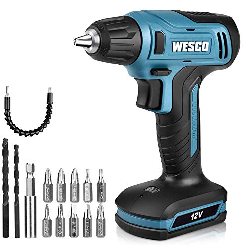 WESCO Destornillador Inalámbrico 12 V, Destornillador Eléctrico, Mandril 10 mm, con 10 Brocas-25 mm, 5 brocas-4 mm, 5 brocas-6 mm, 1 Soporte Magnético WS2551K