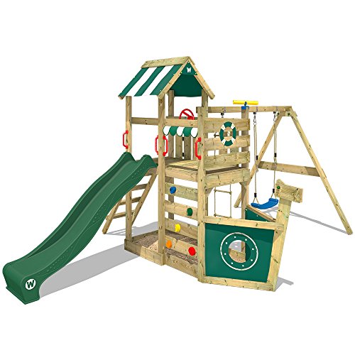 WICKEY Parque infantil de madera SeaFlyer con columpio y tobogán verde, Casa de juegos de jardín con arenero y escalera para niños