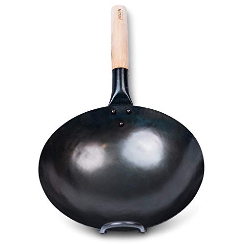 Wok Pasoli | PREMARCADO AL FUEGO | fondo redondo | Para la estufa de gas o la parrilla | 30 cm de diámetro | wok tradicional de acero al carbono martilleado a mano | capa natural antiadherente