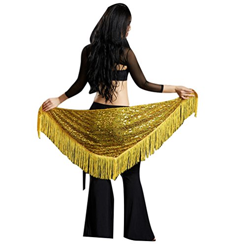 YuanDian Mujer Triángulo Cinturon Danza Del Vientre Cadera Pañuelo Bufanda Chal Lentejuelas Brillantes Borla Sirena Profesional Tribal Árabe Oriental Danza Ropa Accesorios Amarillo