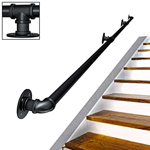 ZCFXGHH Apoyabrazos de tubería/Pasamanos de Escalera de Hierro Forjado, Viento Industrial Pasillo Interior Interior Ático Muro Viejo Antideslizante Valla de pasamanos, Negro |,4ft/120cm