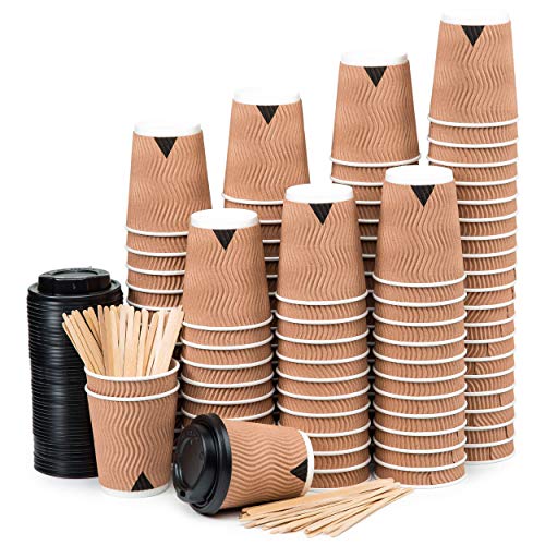 110 Vasos Desechables Ondulación Kraft de Doble Pared de Café para Llevar - Vasos Carton 240 ml 8 Onzas con Tapas y Agitadores de Madera para Servir el Café, el Té, Bebidas Calientes y Frías