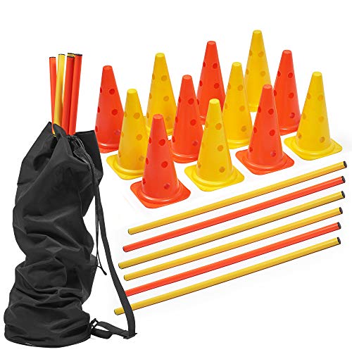 18 Pcs Vallas de Obstáculos de Entrenamiento de Coordinación Ajustable| 12 Conos y 6 Palos| Deportes Fútbol & Entrenamiento del Perro| Conjunto de Agilidad Velocida con Bolsa de Transporte.