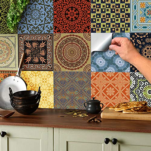 24x Color de la mezcla Lámina impresa 2d PEGATINAS lisas para pegar sobre azulejos cuadrados de 15cm en cocina, baños – resistentes al agua y aceite