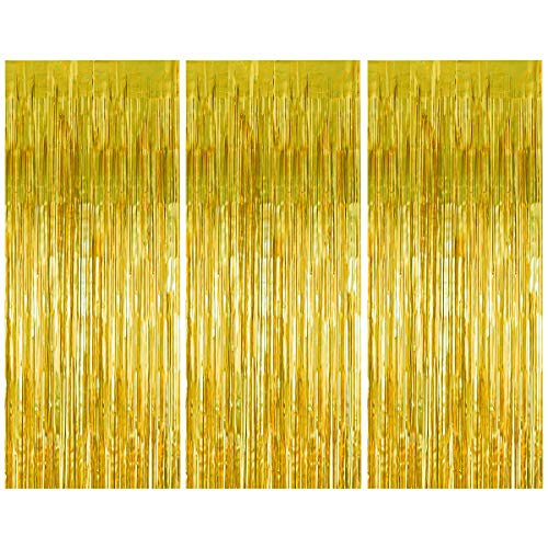 3 Piezas Cortinas Fiesta, Cortina de Oropel Metálica Foil Fringe Cortinas, Aluminio Flecos Cortina para Boda Cumpleaños Fiesta Puerta Ventanas Adornos Decoración (Oro)