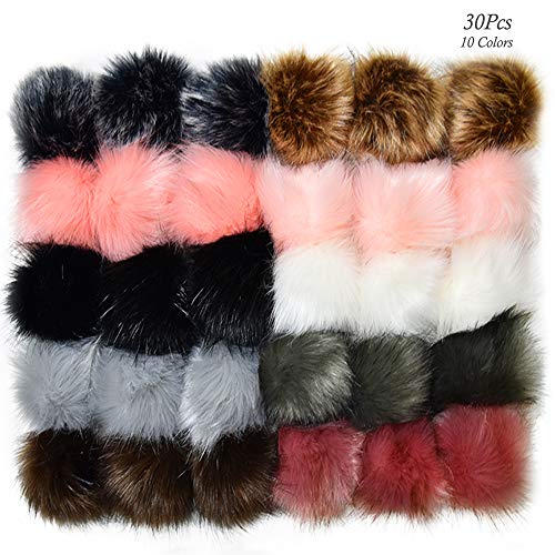 30 Piezas Faux Zorro Piel Esponjosa Pom Pom Ball Con Cordón Elástico, AUHOTA Suave Bola De Pompón Desmontables Accesorios para Sombreros Gorros Zapatos Bufandas Bolsa Mujer Niña (10 Colores)