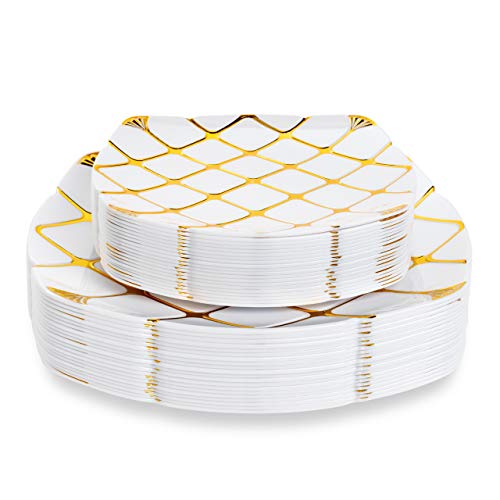 40 Platos de Plástico Duro Blanco con Patrón Dorado - 20 Platos de Fiesta Grandes, 20 Platos de Postre - Elegante, Resistente y Reutilizable.