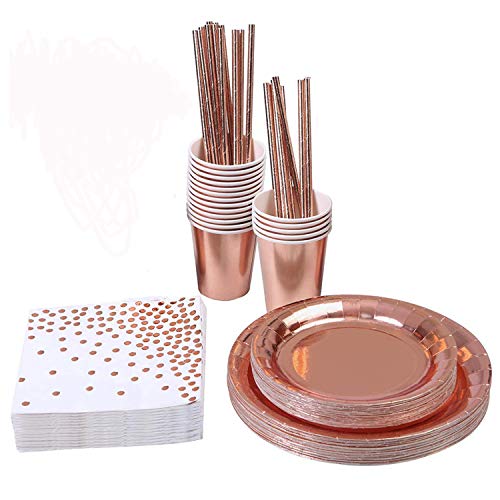 80 Pieces Vajilla Desechable De Oro Rosa, Rosa Oro Party, Un Set Includere: Servilletas, Vasos, Paper Plates, Straws, Rose Gold Boda Anniversario Navidad Cumpleaños Fiesta, 16 Invitados