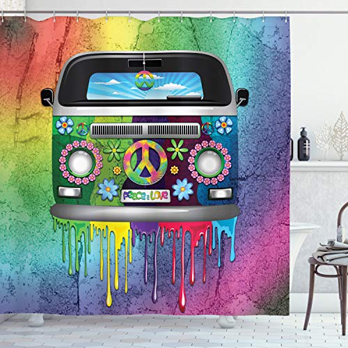 ABAKUHAUS Groovy Cortina de Baño, Viejo Estilo Hippie Van, Material Resistente al Agua Durable Estampa Digital, 175 x 200 cm, Multicolor