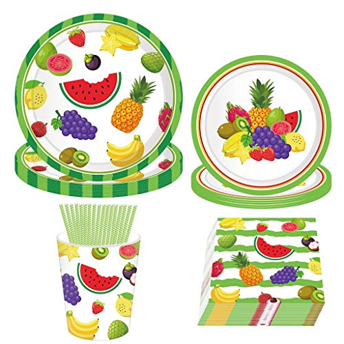 Amycute 69 pcs Juego de Cubiertos Desechables de Frutas, Set de vajillas para 8 niños con Vaso, Plato, servilleta Fiesta de cumpleaños Baby Showers Favores Fruta Decoraciones Suministros