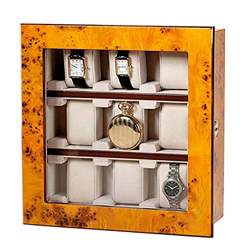 Atractiva vitrina para 9 relojes, para colocar o colgar, aspecto de madera de Ulmen, puerta de cristal real (cerrada), dimensiones: 28,5 x 29,2 x 10,3 cm.