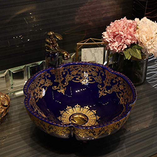 Azul lujoso con patrón dorado Porcelana esmaltada de arte Encimera Lavabo del baño Lavabo La vasija pintada a mano se hunde en oro cxjff