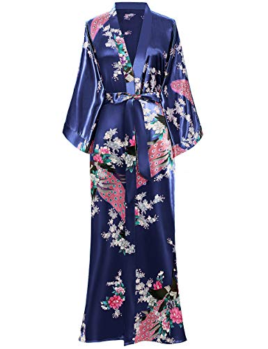 BABEYOND Kimono de Seda Vestido de Satén Kimono Pavo Real Novia Pijamas de Seda Bata de Satén (Azul oscuro)