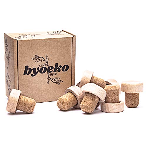 Byoeko Tapones de Corcho Natural con Cabeza de Madera para Botellas de Vino, aceites, Bebidas o líquidos, 10 Unidades (Marron Beige Natural)