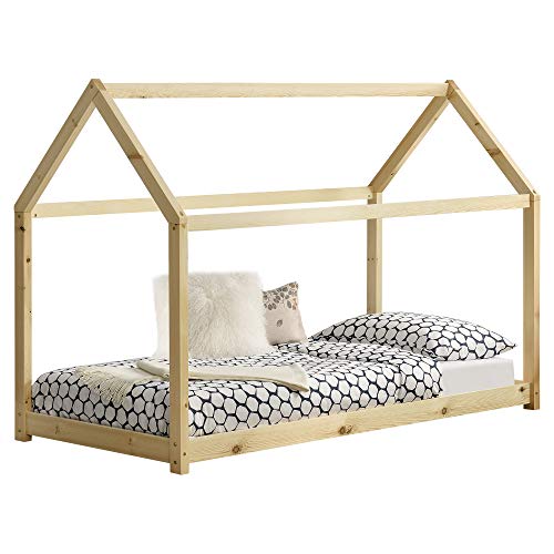 Cama para niños de Madera Pino 70 x 140cm Cama Infantil Forma de casa Casita Pino Natural