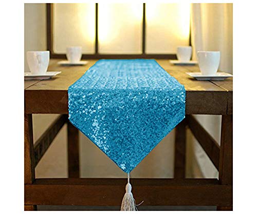 Camino de mesa con borla, turquesa, 30,5 x 228,8 cm, con purpurina, color azul, camino de mesa brillante con lentejuelas, decoración del hogar, camino de mesa de boda