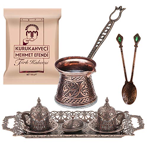 Cobre diseño de café árabe turco para servir, tazas de porcelana con plato grande, azucarero – Diseño vintage grabado en plata – Juego de regalo otomano árabe