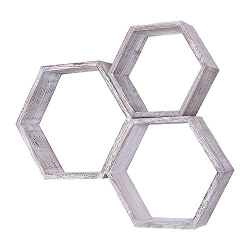 Comfify Estantes Flotantes Hexagonales Montados en Pared Rústicos Blancos - Juego de 3 - Grandes, Medianos y Pequeños - Estantes para Recámaras, Salones y más - Decoración de Pared de Panal de Abeja