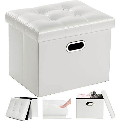 COSYLAND Baúl Puff Taburete para Almacenaje Plegable,33 * 43 * 33cm Capacidad 39L,Puff Almacenaje Negro,Reposapiés Taburete de Almacenamiento Puff,Ottoman Storage Carga máx 200kg (Blanco)