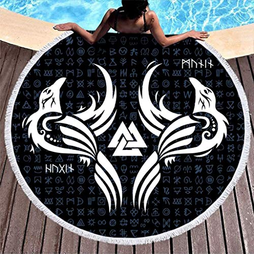 Cuervos vikingos Huginn y Muninn Odins Ravens Valknut Totem Print Toalla de playa redonda de secado rápido con borlas Vacaciones Redondas Franja Lanzamiento de playa Estera de yoga Sarong Pareo