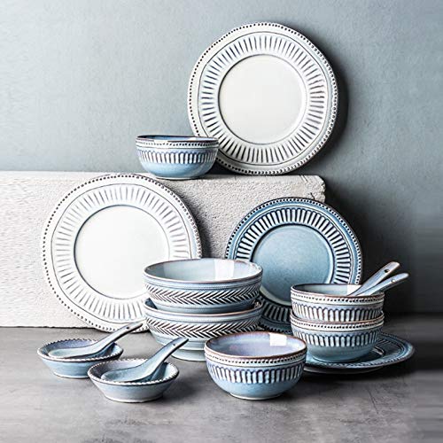 De vajilla de cerámica, 16 piezas de vajilla de porcelana artesanal en relieve | Plato de carne y cuenco de sopa retro azul y blanco para restaurante especial