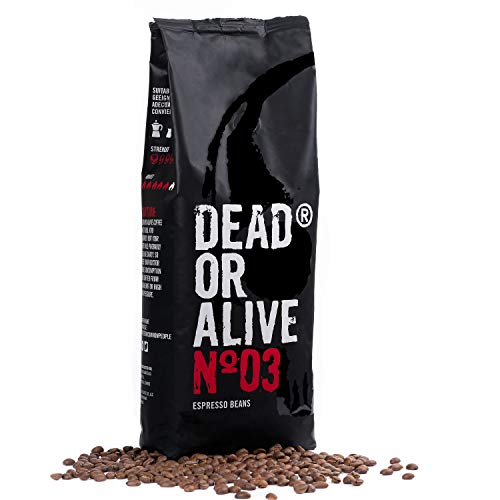 DEAD OR ALIVE Granos de Café Espresso NR3 - Mezcla Italiana Extra Fuerte de Tostado Lento - Pura Robusta, la Mejor Crema - Gourmet, Tostado Intenso Vegano - Amantes de Java - Paquete de 1000g