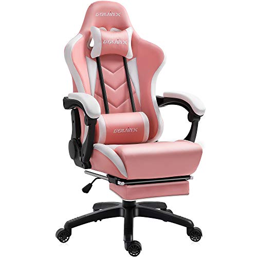 Dowinx Silla Gaming Sillón Reclinable Ergonómico Estilo Carreras con Soporte Lumbar Masaje, Sillón Oficina para Computadora Sillas Juego Cuero Deportivo Niños con Reposapiés Retráctil (Blanco&Rosado)