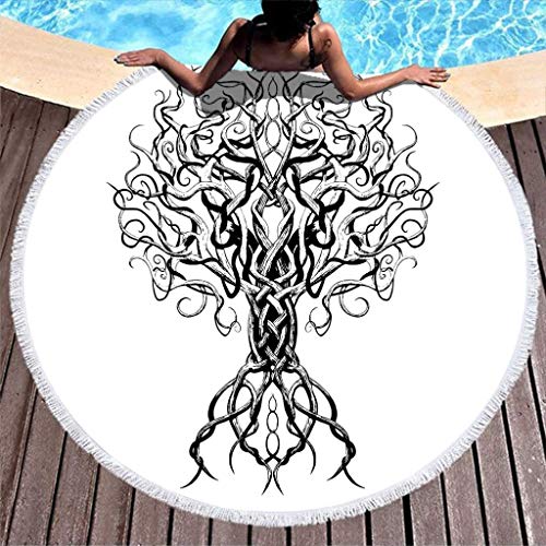 Duanrest Negro y árbol de la Vida Root Tattoo Print Toalla de Playa Redonda Duradera con borlas Linda Franja Redonda Playa Manta de Yoga Sarong Pareo 59 Pulgadas