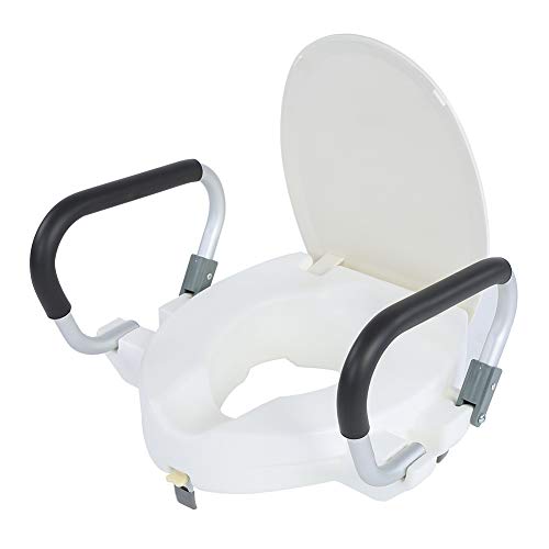 EBTOOLS - Elevador de inodoro con tapa y reposabrazos abatibles, asiento de WC elevado con asas, aumenta la seguridad en el baño para personas mayores o discapacitadas, color blanco