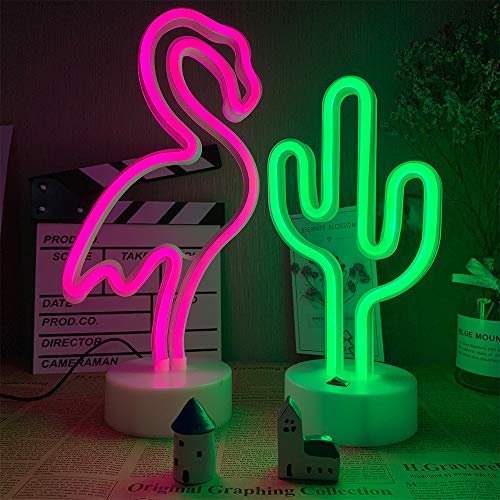 ENUOLI neón signos de luz LED de la señal de neón rosada del flamenco Green Cactus luz de neón de la combinación de batería y USB Operado las luces de neón luz de la decoración para regalos Niños hab