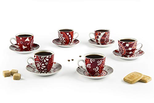 Excelsa Mandala Red Set 6 Tazas de café con platillo, Porcelana