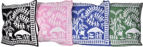 Exotic India - Lote de Cuatro Fundas de cojín con Figuras Populares Impresas inspiradas en Warli Art, Multicolor, 40,6 cm