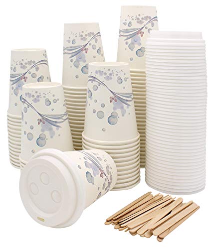 Exxens 100 vasos de papel para café – Taza con tapa de 265 ml con paletas de madera desechables, para té, bebidas calientes y frías, chocolate