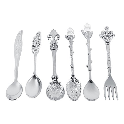 Fdit Set 6 Retro Vajilla Postre Café Revolviendo Té Cuchara Helado Cuchara Fruta (Plata)