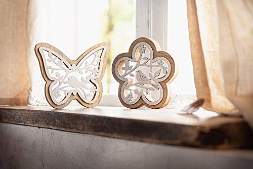 Figuras decorativas de flores y mariposas de madera, color natural y blanco, decoración primaveral, decoración de madera