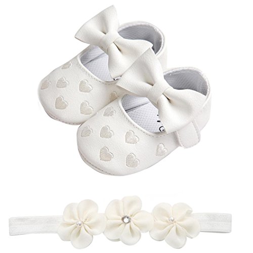 Fossen Zapatos de Bebe Fossen Recién Nacido Niñas Piel Artificial Primeros Pasos Bordado Corazón Patrones Y Diadema de Flores (6-12 Meses, Blanco)