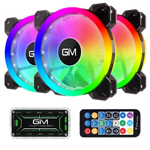 GIM KB-23 RGB Ventiladores de caja, paquete de 3 ventiladores silenciosos de 120 mm para PC, placa base direccionable ARGB de ritmo musical de 5 V, controlador SYNC / RC, ajustable con concentrador